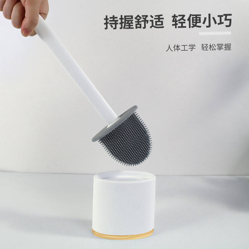 Cabeza del cepillo de silicona plana cubo cuerpo base de bambú sin ángulo muerto hogar colgante de pared creativo inodoro cepillo con tapa image 4