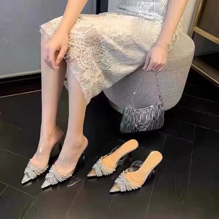 Silver Rhinestone High Heels Transparent Stiletto Mules Closed Toe Crystal Wedding Shoes Versatile Women's Sandals_voghion.com