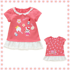 miki童裝 夏季女童卡通可愛小兔花朵美妝鏡花邊短袖t恤上衣