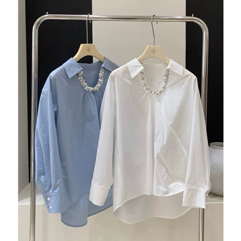 Collar Sequin Design Loose, Simple and Versatile Fashion Shirt 2025 Spring and Summer Elegant Shirt Blue White
