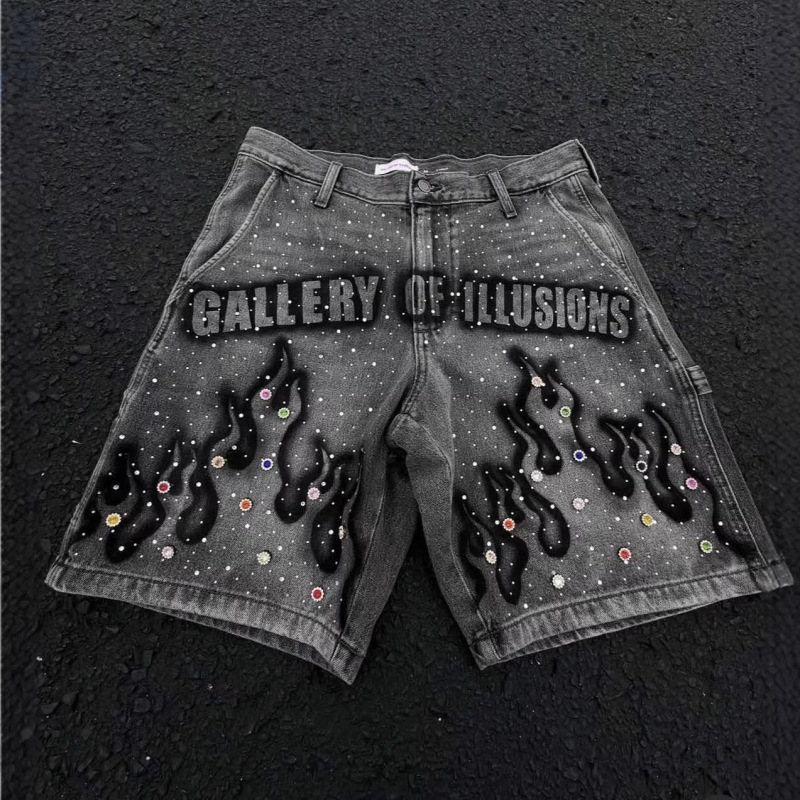 Y2K Cross-Border Foreign Trade American High Street Style Printed Rhinestone Denim Shorts Men's Summer New Loose-Fitting Five-Point Shorts Ins