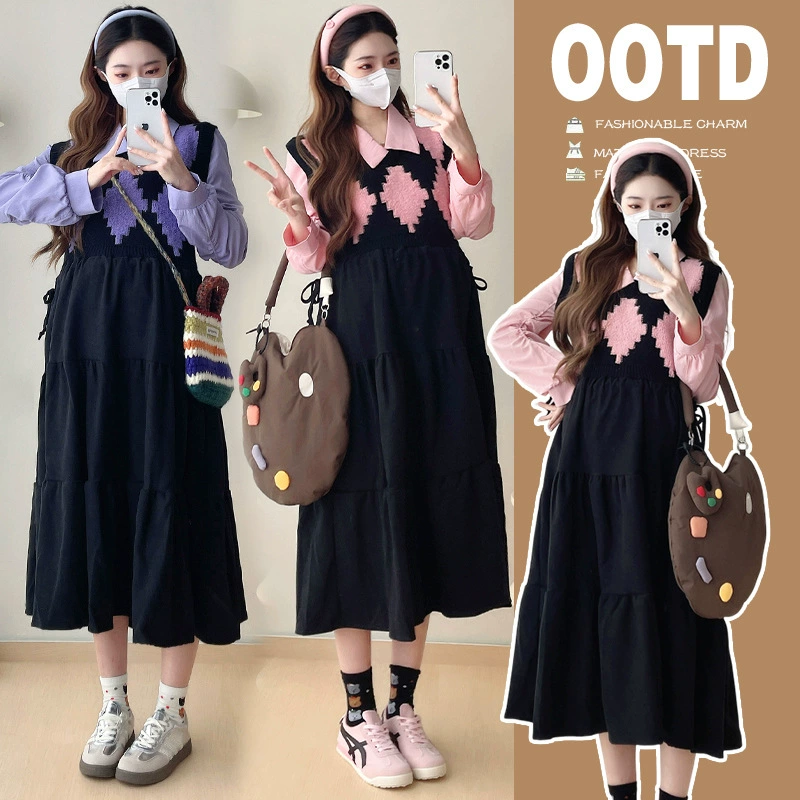 Одежда для беременных Осенняя новая трикотажная ромбовидная сетка с воротником polo платье игривое уменьшение возраста юбка беременных длинное платье