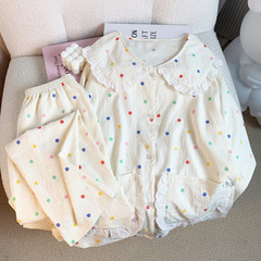 Ins風ドーパミン波点子供襟パジャマ女性春秋シンプル韓国版スーツ家庭服実写卸売り