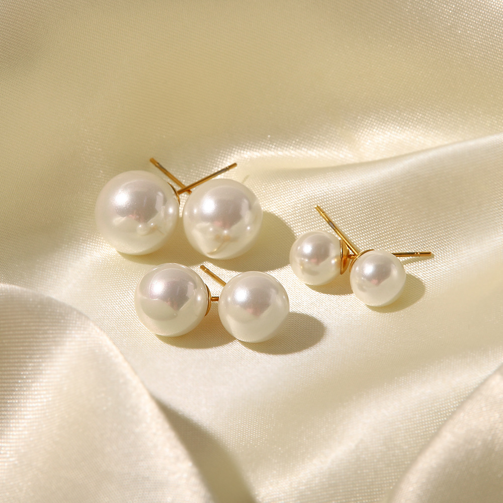 Fashion Round Stainless Steel Inlay Pearl Ear Studs 1 Pair