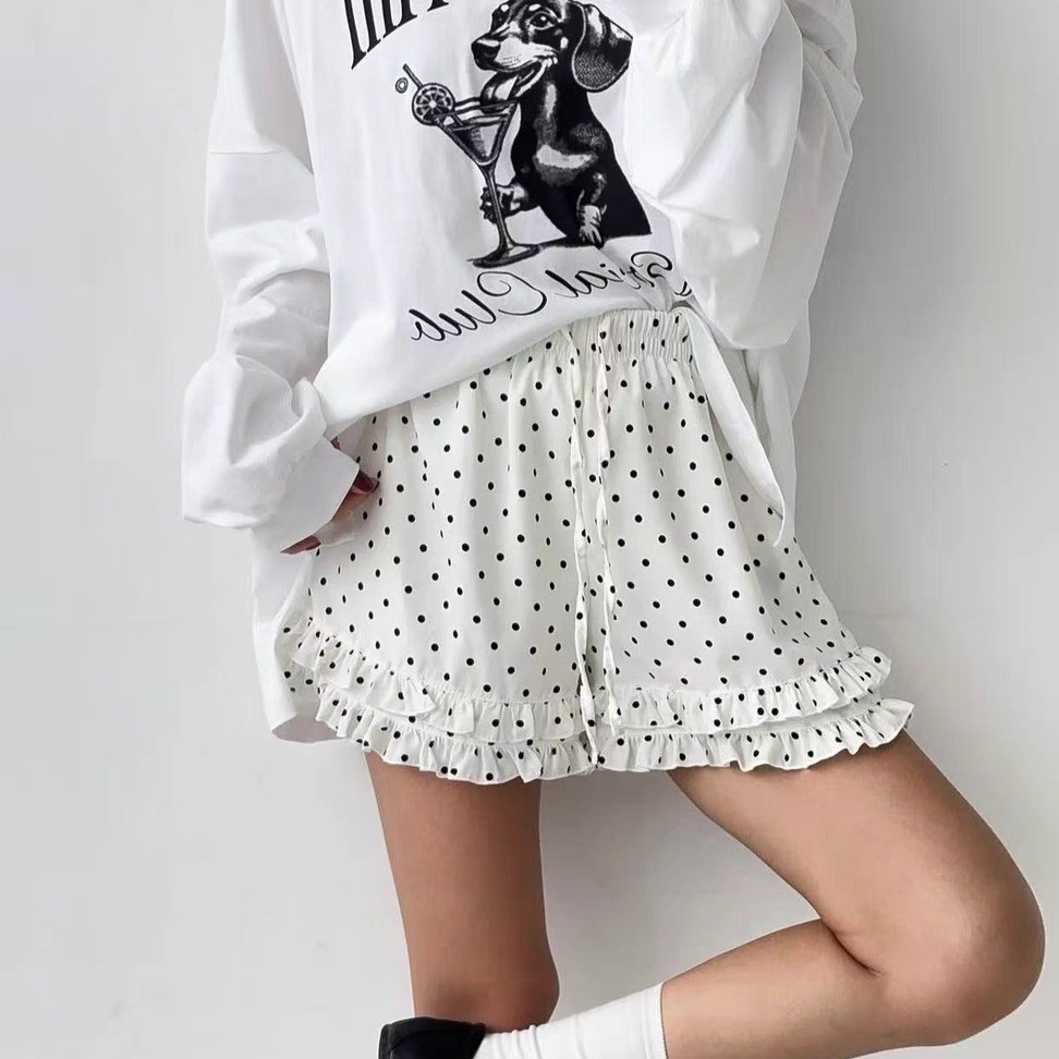 2025 New Summer Style Drawstring Lace Polka Dot Ruffle Lace Elastic Waist A-Line Casual Cute Shorts for Women