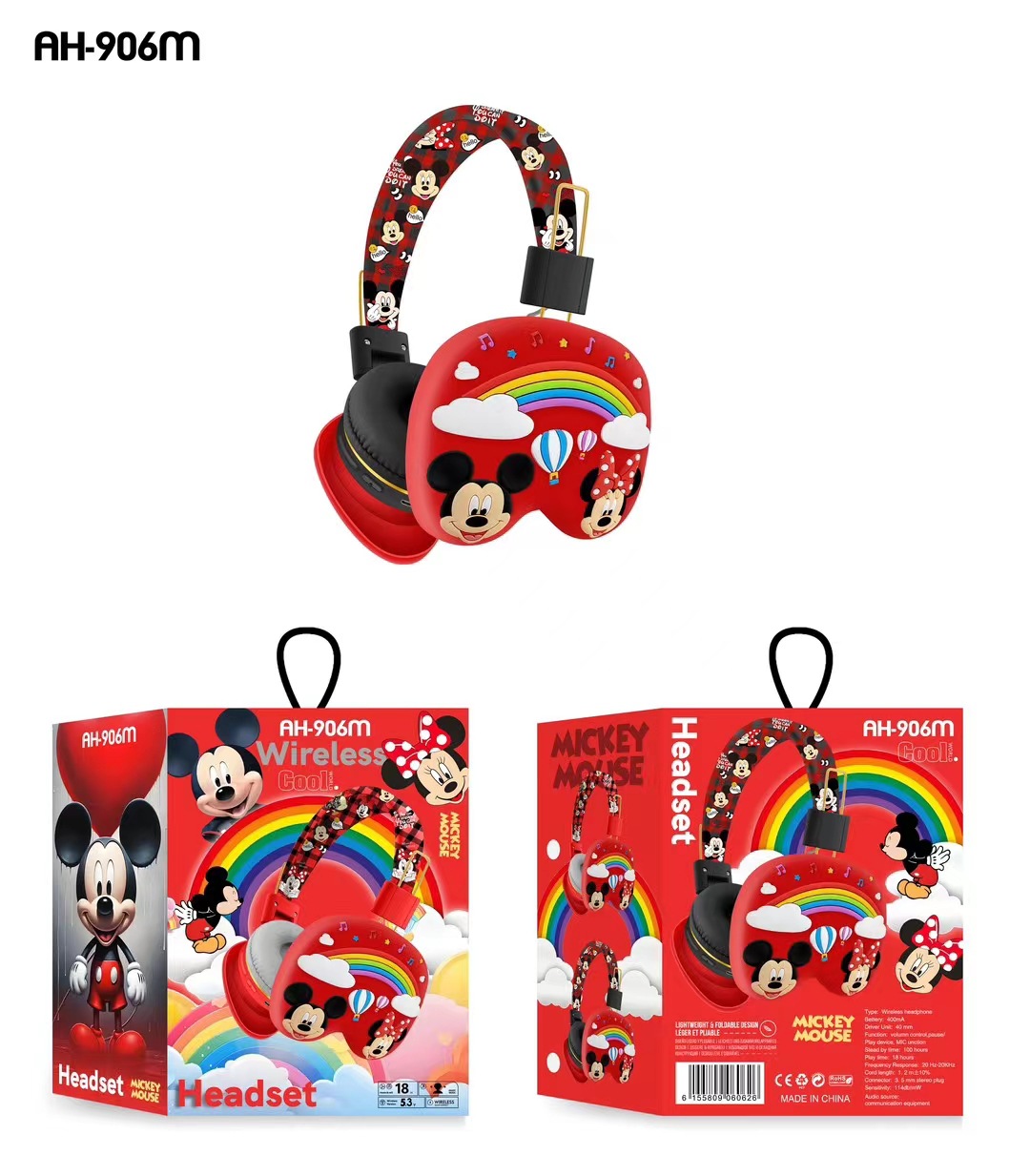 Micky Minnie auriculares para niños AH - 906M lindos auriculares de dibujos animados auriculares inalámbricos de música Bluetooth plegables