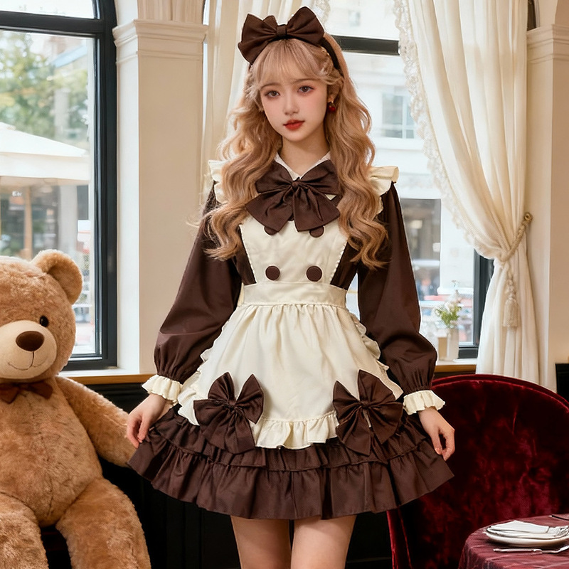 Sweet Lolita Maid Outfit Brown and White Retro Bow Ruffle Dress Girly Heart Tea Party Daily