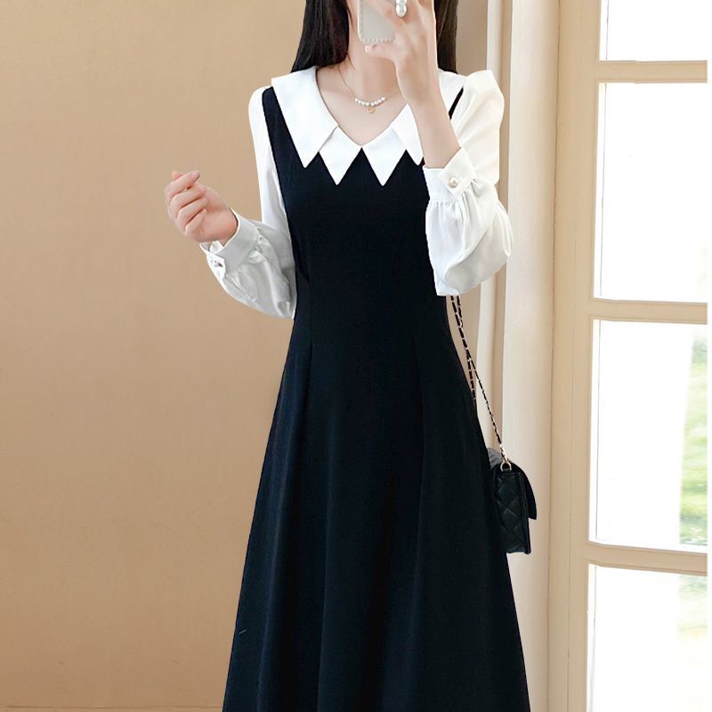 Chiffon Patchwork Double-Layer Collar Black and White Long Dress 2026 Formal Mid-Length Slimming Plus-Size Women's Regular Dress Chiffon Patchwork Double-Layer Collar Black and White Long Dress 2026 Formal Mid-Length Slimming Plus-Size Women's Regular Dress