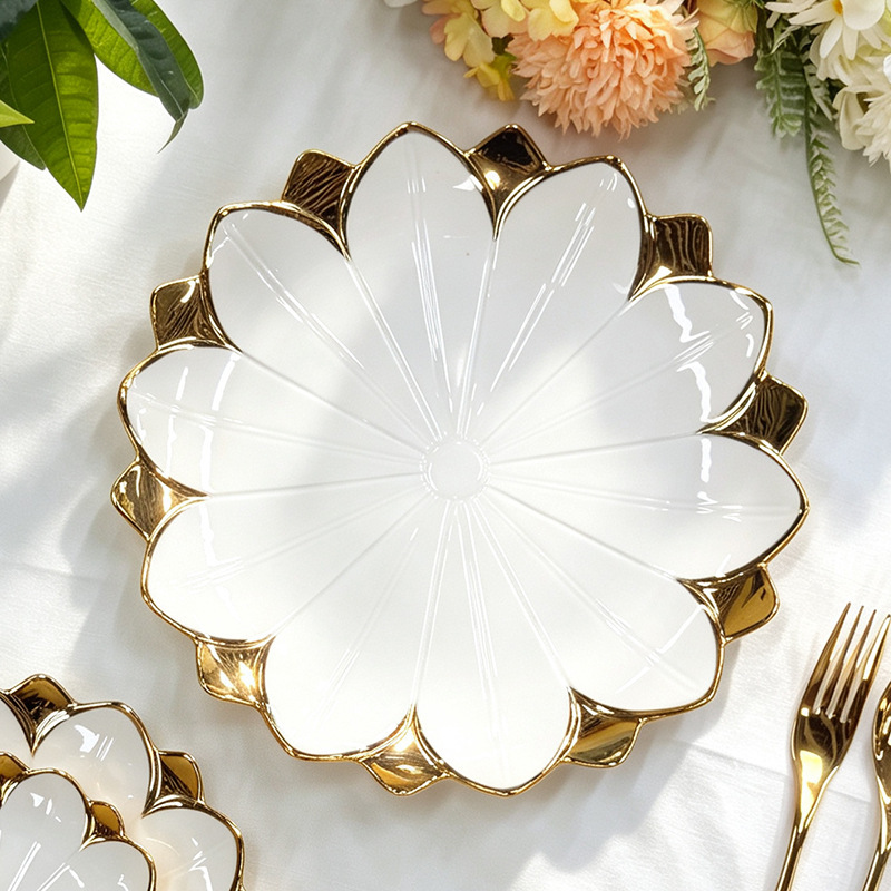 Cross-border light luxury hotel ceramic tableware set, high-end gold-rimmed plates, Western-style plates, electroplated deep plates