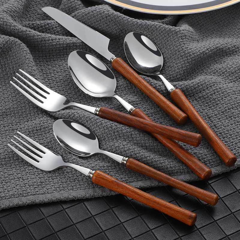 Japanese 304 Stainless Steel Knife, Fork and Spoon, High-End Wooden Handle Tableware, Household High-Value Wooden Handle Steak Knife, Dessert Spoon