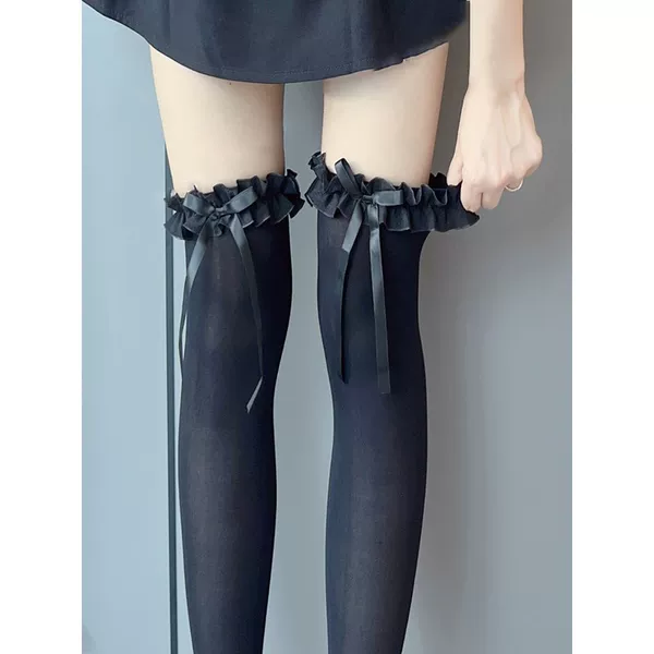 Lolita White Over-The-Knee Socks Summer Thin High-Thigh Socks Pure Lust Lace Bow Stockings Straps
