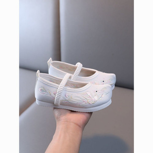 Girls' Hanfu Shoes New Style Embroidered Shoes Green Retro Style Autumn and Winter Old Beijing Children's Cloth Shoes Manufacturer
