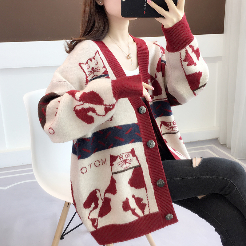 2023 Otoño e Invierno Nuevo suéter exterior de estilo perezoso suelto de las mujeres de estilo coreano con cuello en V gato de dibujos animados de punto Chaqueta de punto