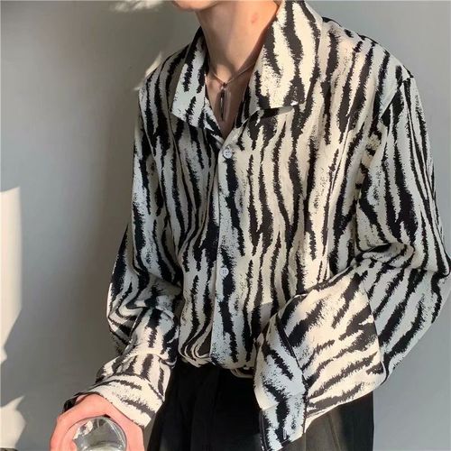 Spring Striped Long-Sleeve Shirt for Men, Korean Style Loose Collar Top, Casual Trendy Bad Boy Flip-Up Design, Size Shirt Ge Kun