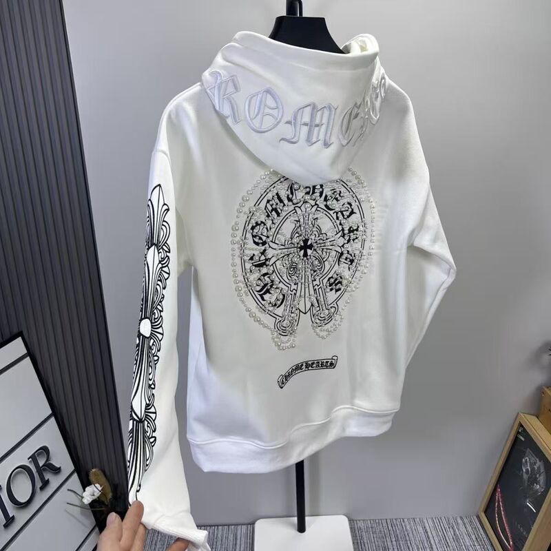 New Style Pearl Embroidery Trendy Brand Chrome Hearts Cross Print Sanskrit Horseshoe Hooded Loose Sweatshirt Unisex Regular Fit