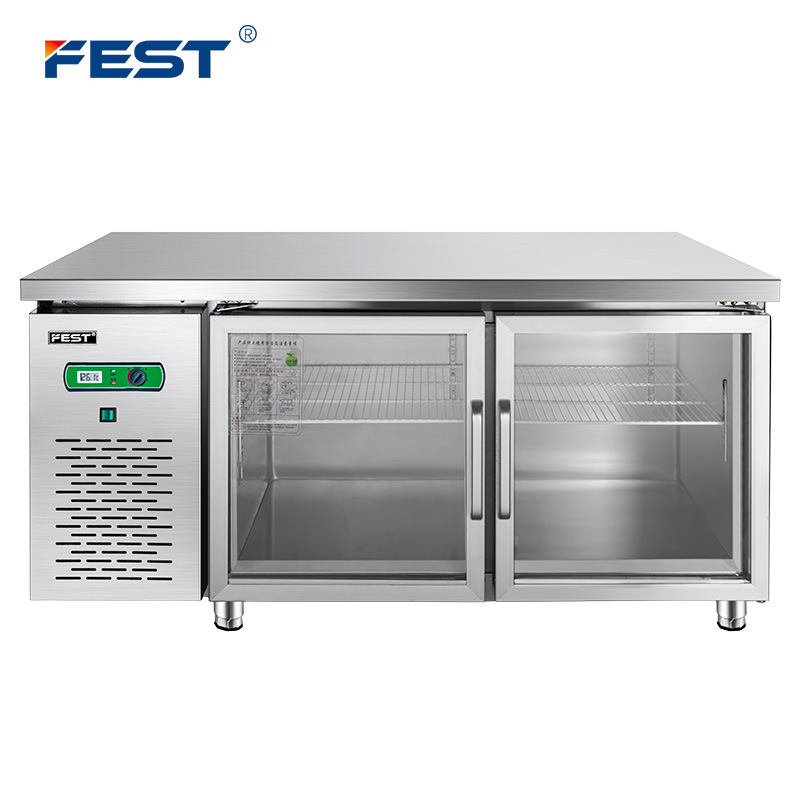 Fest Glass Door Fresh-Keeping Freezer Workbench Freezer Refrigerated Cabinet Milk Tea Operating Table Commercial Kitchen Freezer Refrigerator