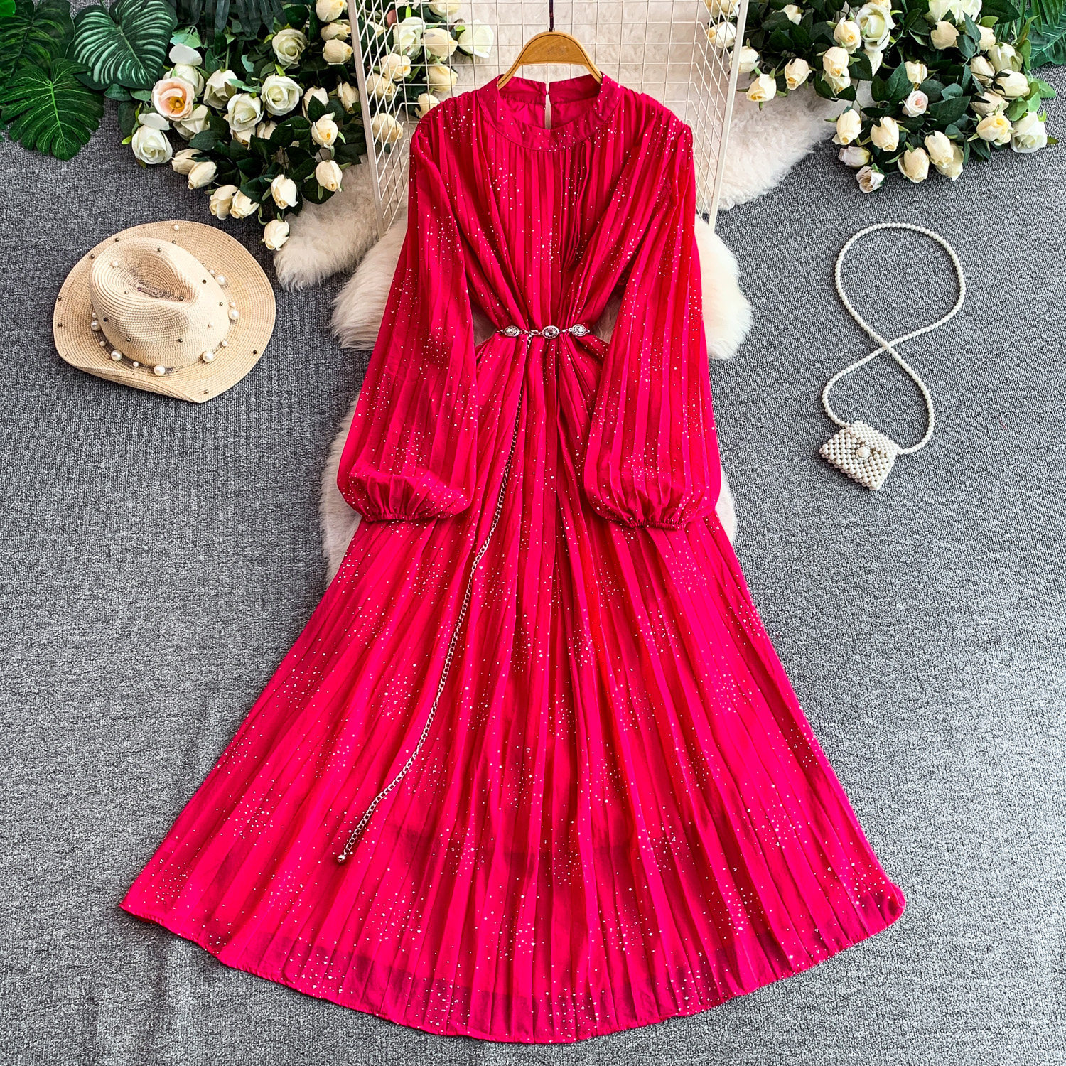 Women's French Style Light Luxury Sparkly Rhinestone round Neck Long Sleeve Dress Summer Slimming Pleated Long Skirt_ecoleips.com