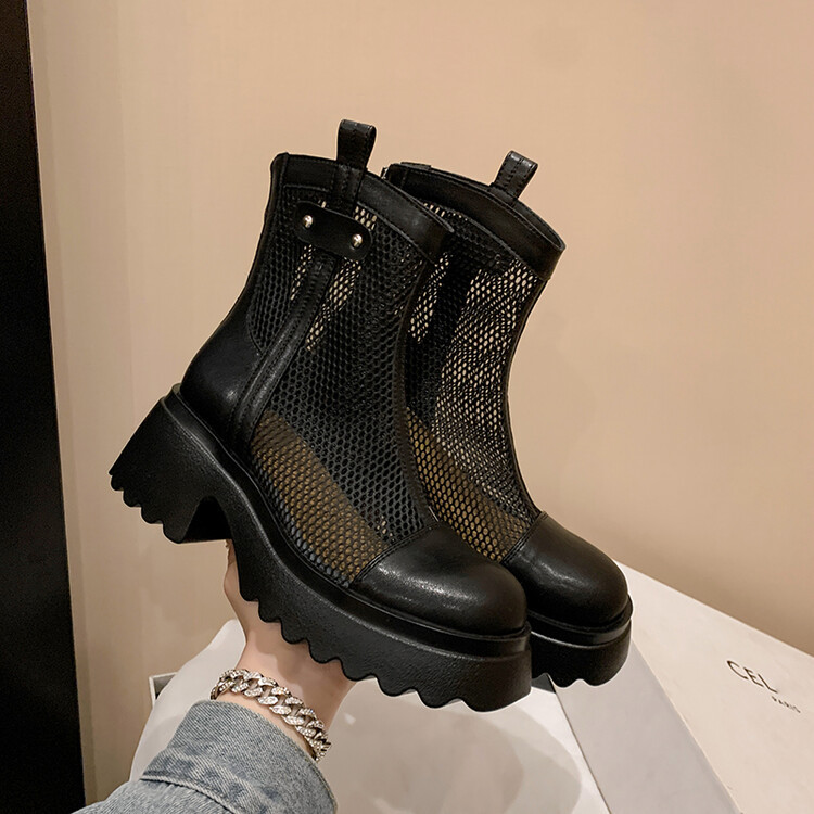 Boot nữ cổ cao đế dày gót bánh xốp da bò lưới thoáng khí xuân hè 2024 — Màu đen, Màu trắng be chi tiết 97