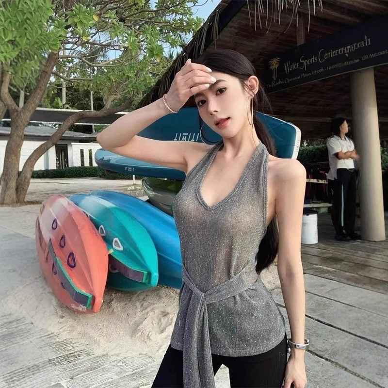 V-Neck Halter Backless Camisole with Sparkling Rhinestones, Sexy Lace-Up Design, Niche Outerwear Top for Women