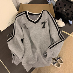 美式字母印花V领长袖卫衣女装秋季灰色独特蕾丝拼接宽松休闲上衣