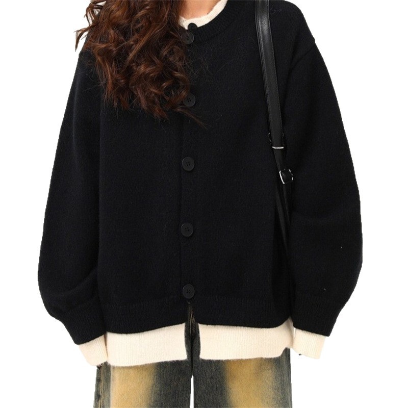 美式复古假两件针织开衫女秋冬新款韩系纯色宽松慵懒毛衣情侣外套|undefined
