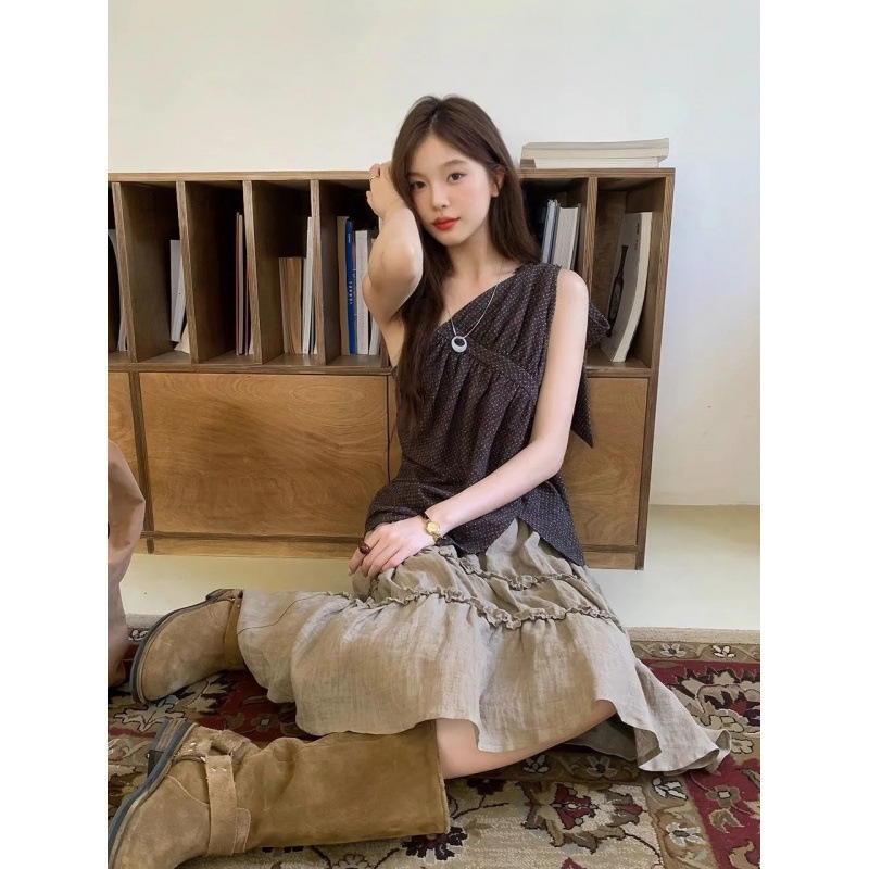 法式度假风女夏季新款蝴蝶结斜肩吊带背心上衣蛋糕半身裙子套装潮|undefined