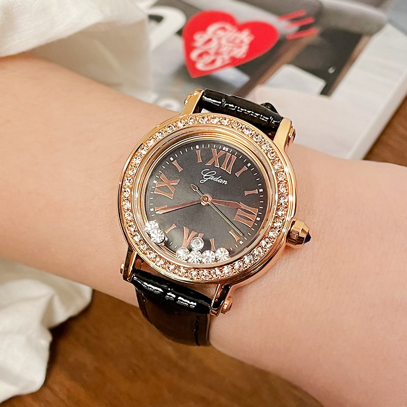 Yadan Damen-Armbanduhr Rolling 7 Happy Diamond Green, Echtlederarmband, wasserdicht, High-End-Mode, exquisite Damenuhr_voghion.com