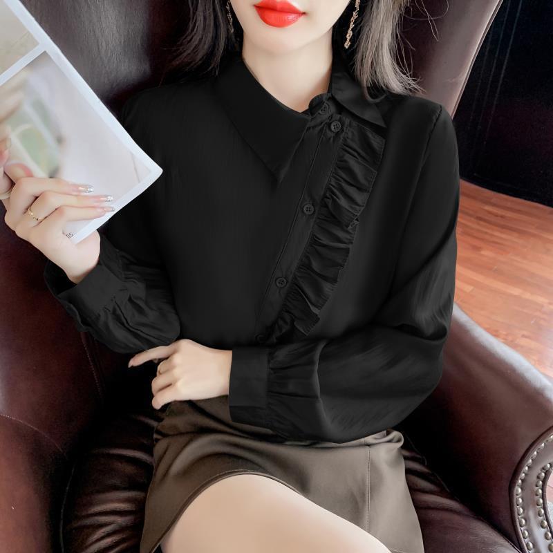 欧货荷叶边长袖衬衫女新款2025年秋款时尚小衫不规则设计感上衣服|undefined