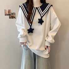 大码海军领长袖卫衣女2025秋季新款胖MM宽松显瘦减龄百搭上衣毛绒