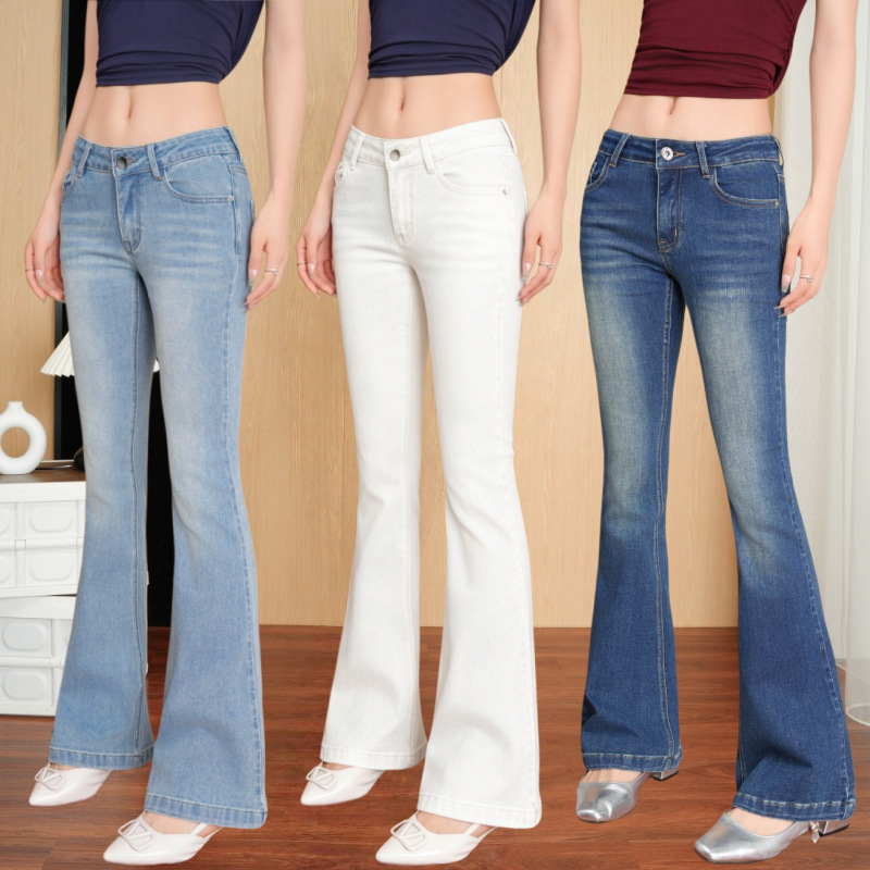 Low-waist women's flared jeans with a shallow crotch, high elasticity, slimming design, and a stylish fit for spring and autumn Low-waist women's flared jeans with a shallow crotch, high elasticity, slimming design, and a stylish fit for spring and autumn