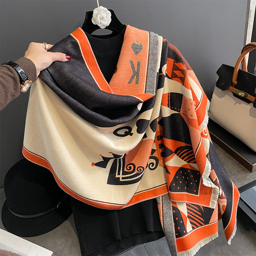  Autumn and Winter New Imitation Cashmere Scarf Women's Cartoon Poker Pattern Warm and Versatile Long Shawl