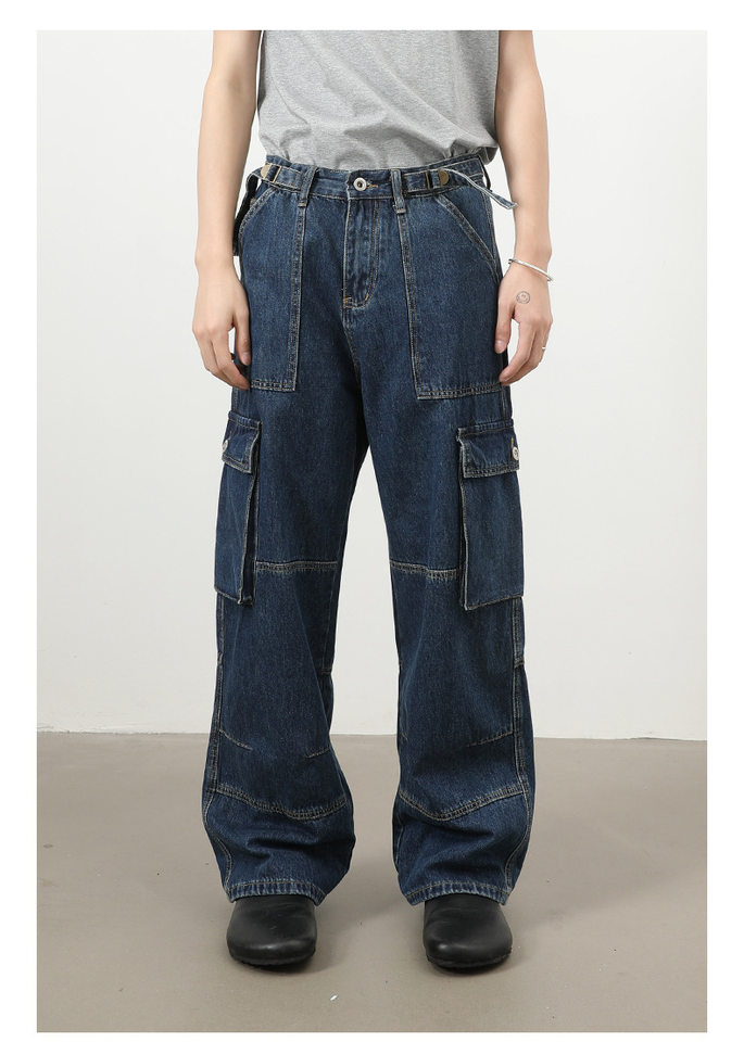 Quần jeans nam ống rộng thẳng phong cách đường phố, nhiều túi, lưng giữa eo — màu xanh đậm chi tiết 4
