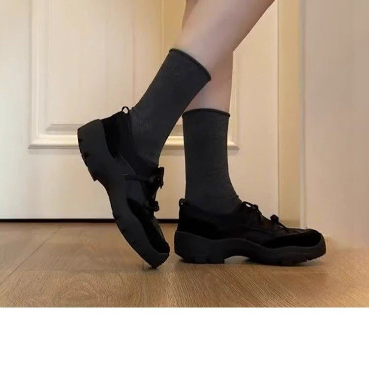 羊皮版~小众芭蕾风蝴蝶结运动乐福鞋女复古绒面一脚蹬厚底小皮鞋|undefined