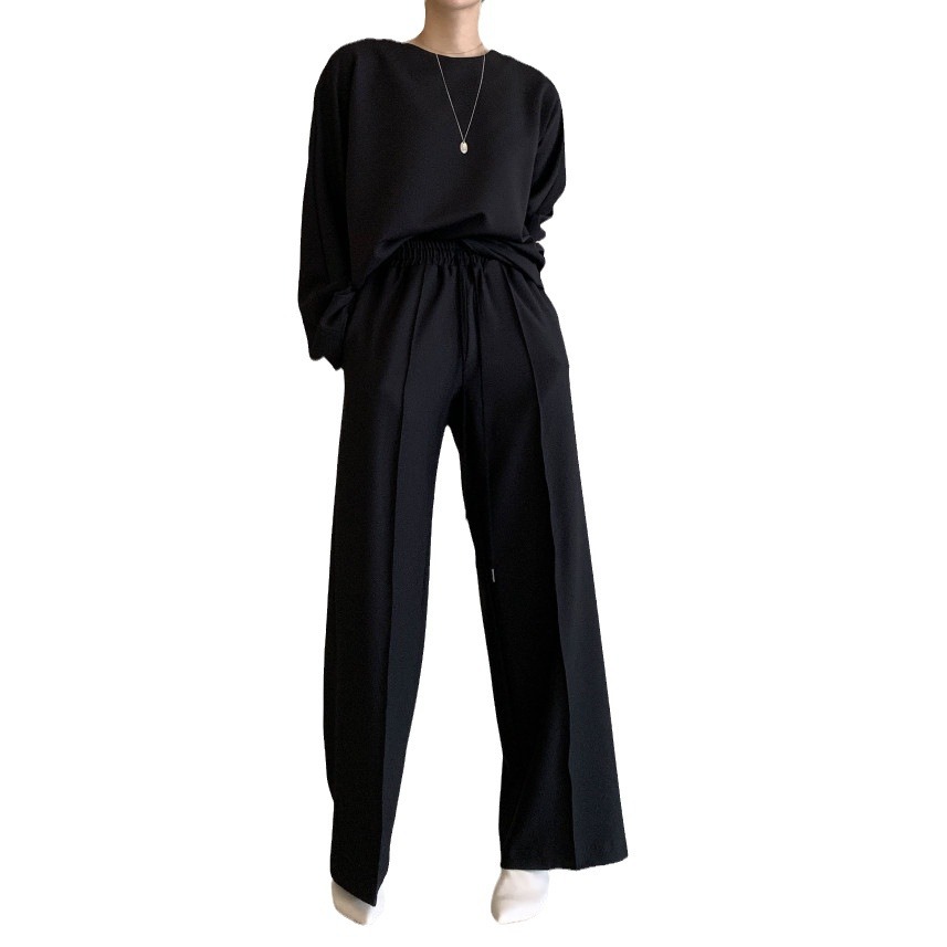 (2개) 한국 동대문 가을 심플한 우아한 느슨한 올매치 긴팔 땀 에스포지 에스포이티브 허리 레이스 업 캐주얼 바지 여성용 바지