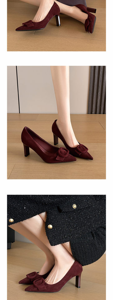 Giày cao gót mũi nhọn gót vuông da lộn, nơ 3D khóa vuông, gót 6–8 cm — Màu kaki, Màu đỏ rượu, Xanh lá cây, màu đen chi tiết 9