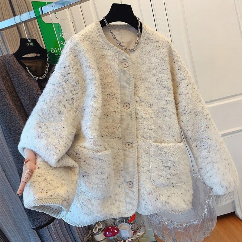 Oatmeal Color High-End Small Fragrance Style Wool Long-Sleeved Cotton Outwear Jacket for Women Winter New Loose Cotton Outwear A8671