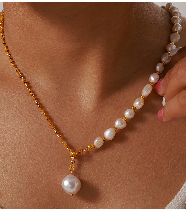 Freshwater Pearl Inlay Material PVD Coated Real Gold Plated Geometric Titanium Steel Waterproof Non Tarnish Titanium Steel Pendant Necklace