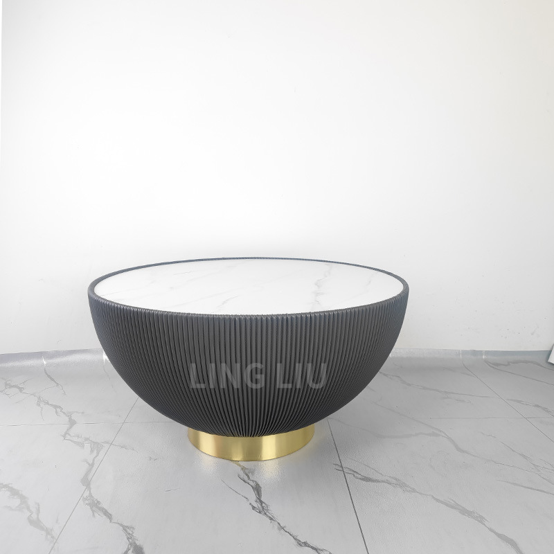 Mesa de centro de sala de estar moderna de lujo ligero nórdico, tamaño de apartamento pequeño doméstico, placa de roca redonda en forma de cuenco, mesa de centro pequeña redonda, estilo crema