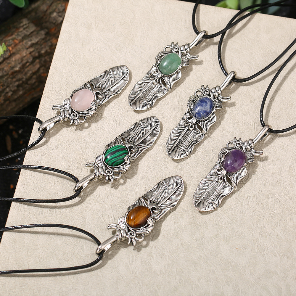 Zhouhang Jewelry Cross-Border Hot-Selling Natural Crystal Pendant Amethyst Feather Necklace Personalized Trendy Jewelry Wholesale