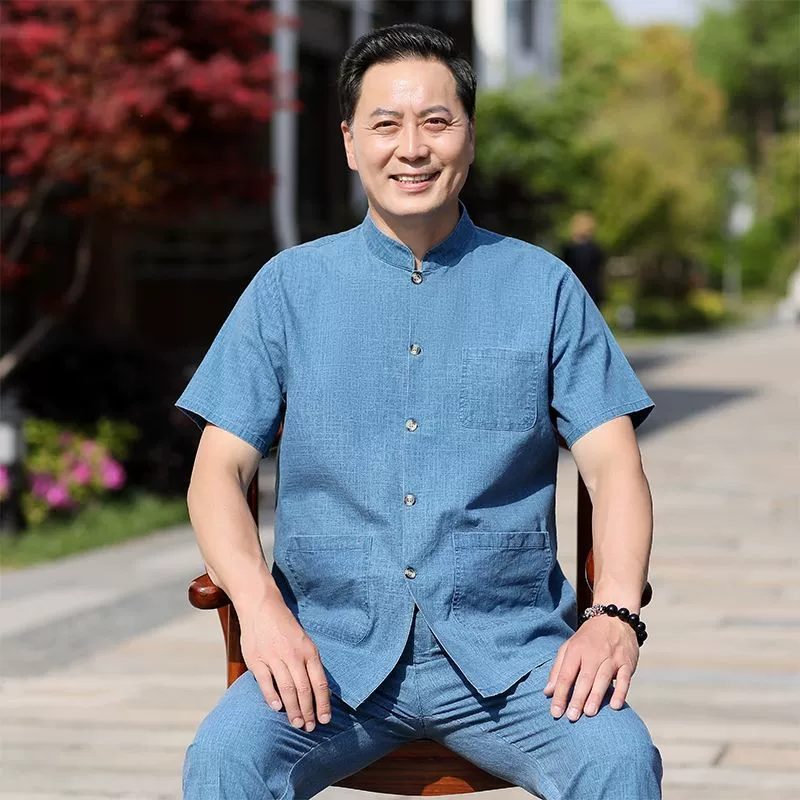 Tang костюм мужской льняной костюм с короткими рукавами летняя одежда среднего и пожилого дедушки Hanfu папа мужской одежды в китайском стиле пожилая одежда