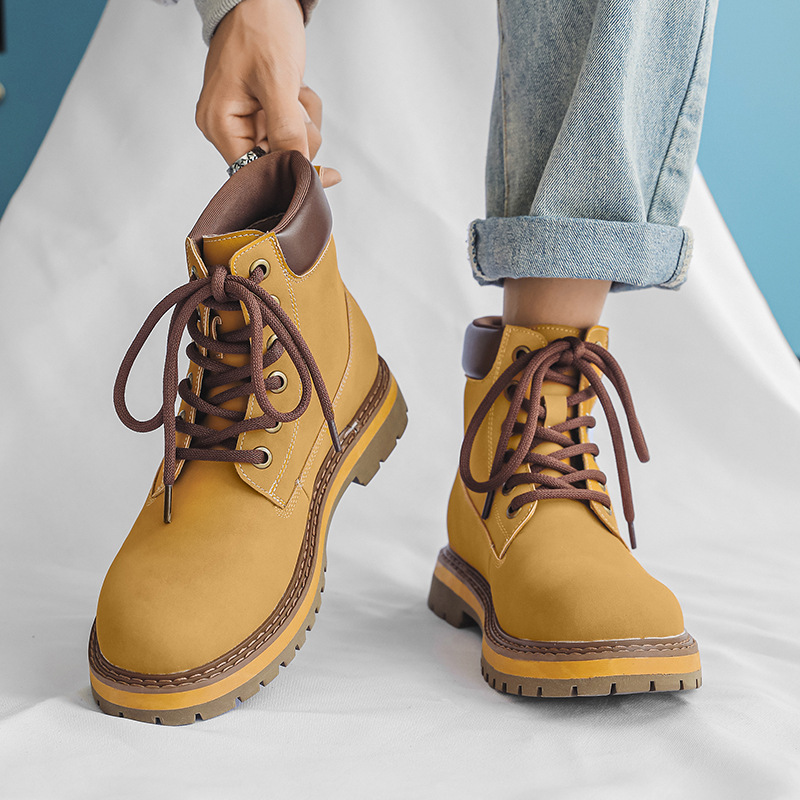 Martin 2024 Autumn New Men's English Style Thick Sole Mid Barrel Big Yellow Couple Work Short Boots_voghion.com