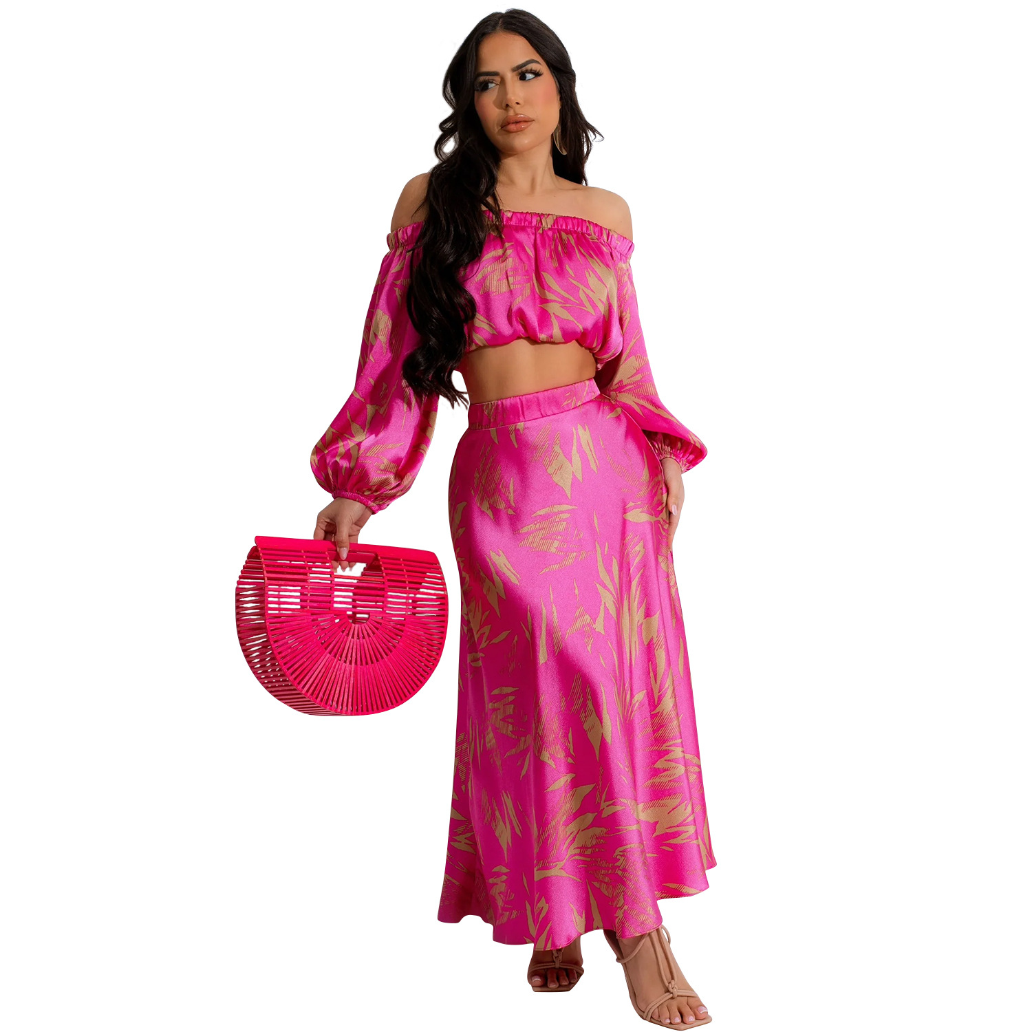 C6881 Aliexpress transfronterizo Amazon Europa y América de moda impresión de ropa de mujer sexy mangas largas umbilical vestido larga dos piezas image 5