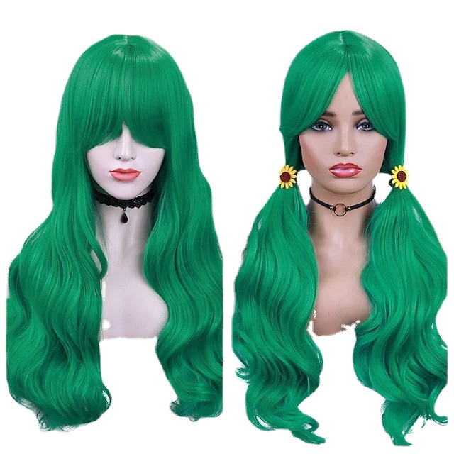 Syntetisk paryk til kvinder med store bølgede skrå pandehår langt krøllet hår grønne og røde parykker_voghion.com