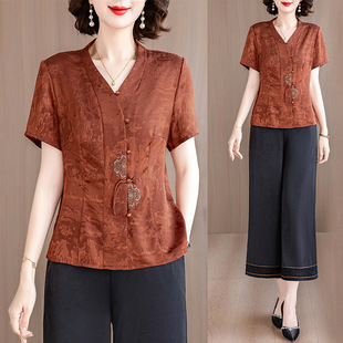 Xiangyun Yarn suit Women's Summer High-end Women's Clothing New Chinese Style Retro Mother Silk Silk Two-piece Set