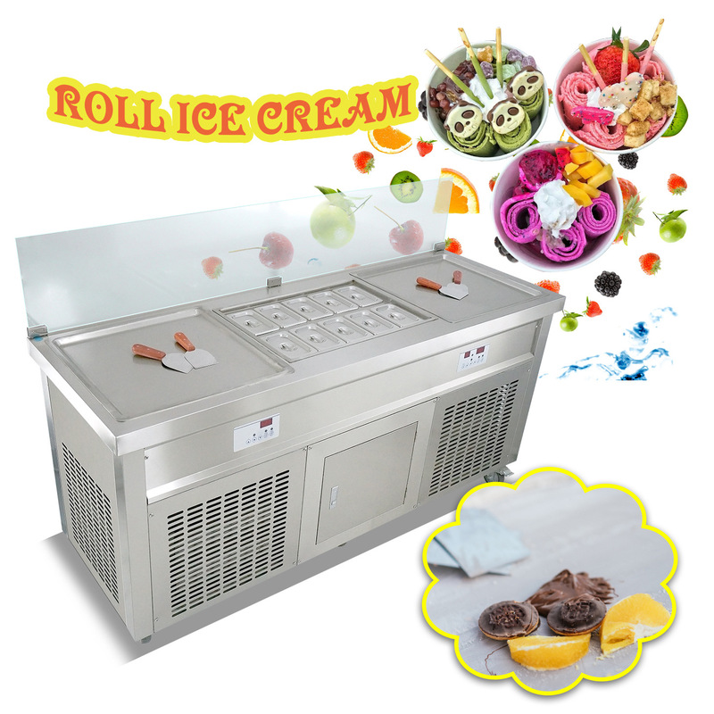 Fried Yogurt Machine, Double Plate Fried Yogurt and Fried Ice Machine, Fried Roll Ice Cream Machine with Fresh-Keeping Portion Tray, Yogurt Machine