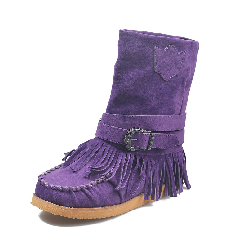 Winter Women's Mid Calf Boots Size 43 Plus In Stock European American Style Flat Belt Buckle Tassel Shoe_voghion.com