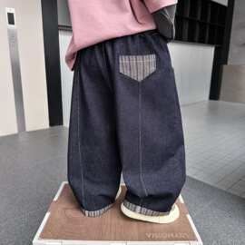 儿童春秋原色牛仔裤2026新款中大童明线翻边裤脚阔腿灯笼休闲长裤