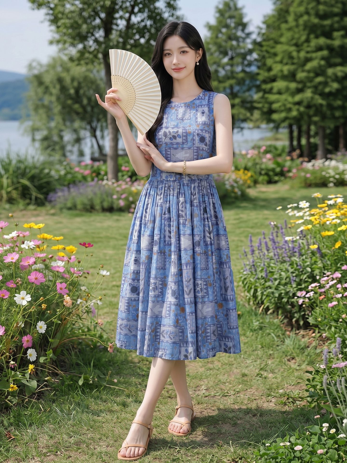 Đầm maxi nữ họa tiết hoa nhí không tay cổ tròn dáng suông thắt eo — Màu ảnh