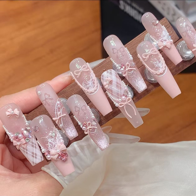 Bow Choker Cat Eye Hand-Painted Heavy Industry Fairy Lace Long and Short Style Pure Handmade Manicure Wearable Fake Nails Bow Choker Cat Eye Hand-Painted Heavy Industry Fairy Lace Long and Short Style Pure Handmade Manicure Wearable Fake Nails