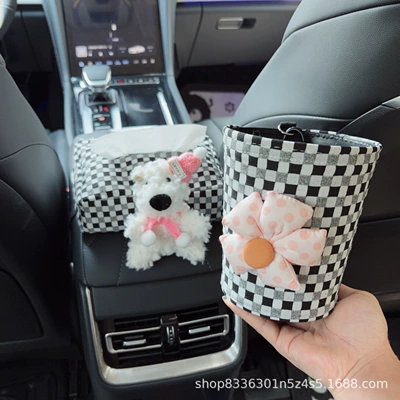 Car tissue box/set | seat trash bin decoration - pink-scarf-hat-west-highland-black-and-white-bubble-pattern-tissue-box-armrest-box-pink-floral-bubble-pattern-trash-can-clip-on-version
